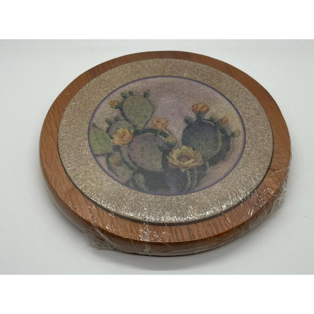 Vintage Trivet Boho Western Desert Cactus Hot Plate Oak & Ceramic